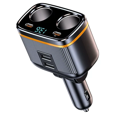 Autós töltő, 145 W-os nagy teljesítményű töltőadapter, 2-aljzatos tápelosztó 12-24 V PD45W+C-típusú+2 USB-porttal
