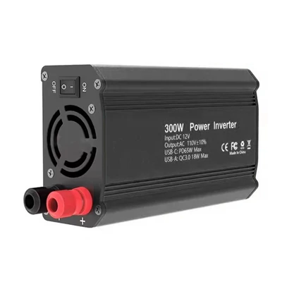 300 W-os inverteres 12 V DC – 110 V AC autóipari átalakító tápegység, QC3.0 - Fekete