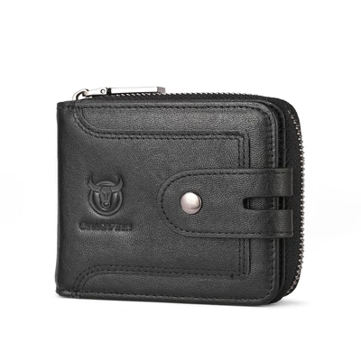 BULLCAPTAIN valódi bőr férfi RFID-blokkoló, bifold pénztárca, rövid cipzáras kivitel - Fekete