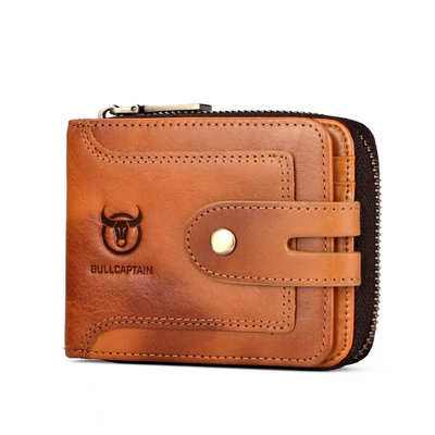 BULLCAPTAIN valódi bőr férfi RFID-blokkoló, bifold pénztárca, rövid cipzáras kivitel - Sárga