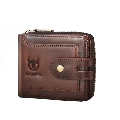 BULLCAPTAIN valódi bőr férfi RFID-blokkoló, bifold pénztárca, rövid cipzáras kivitel - Barna