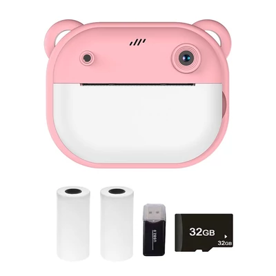 Gyerekkamera, 1080P digitális fényképezőgép hőnyomtatás 2,4 hüvelykes IPS képernyővel - Pink, 32G memóriakártyával + kártyaolvasóval 2 tekercs nyomtatópapír