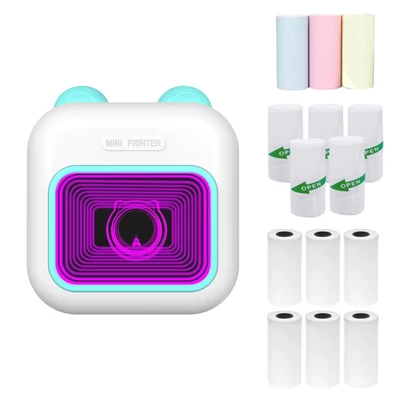 Mini Pocket Thermal Instant fotónyomtató 7 színű LED fényű feliratozógép - Kék, 9 papírtekercs + 5 öntapadó papírtekercs (57x25 mm)