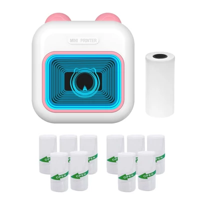 Mini Pocket Thermal Instant fotónyomtató 7 színű LED fényű feliratozógép - Pink, 1 papírtekercs + 10 öntapadó papírtekercs (57x25 mm)