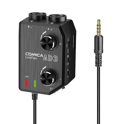 CoMica LINKFLEX AD3 kétcsatornás XLR/3,5 mm/6,35 mm-3,5 mm audio előerősítő keverő / adapter / interfész