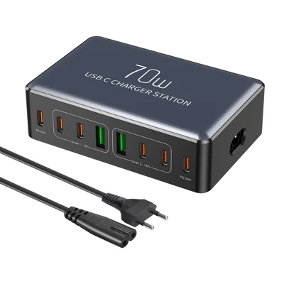 70W 8 portos USB-C gyorstöltő állomás okostelefonhoz, fejhallgatóhoz, órához, PD20W gyors töltő hub - Fekete