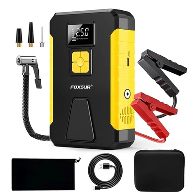 FOXSUR hordozható akkumulátoros kompresszor, 26800mAh indítóval, LED-del, autóhoz, motorhoz, biciklihez, labdához