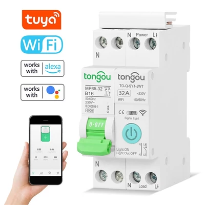 Tuya Wifi intelligens megszakító kompatibilis az Alexa / Google Home hangvezérléssel - Fehér, 32A