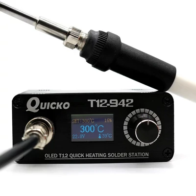 QUICKO Mini T12-942 forrasztóállomás készlet, OLED barkácsforrasztó elektromos szerszámok Hegesztővas hegy - fehér 907 műanyag fogantyú