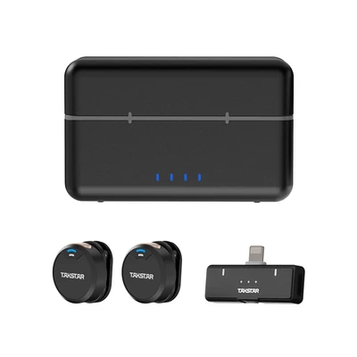 TAKSTAR V2 dupla vezeték nélküli mikrofon, 100m hatótávval, zajszűrés, töltőtok, mágneses nyakpánt, iPhone 11-14 kompatibilis