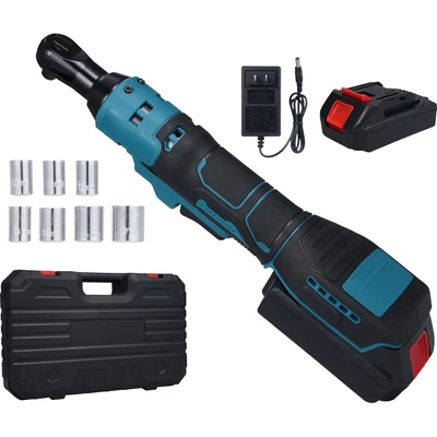 Akkumulátoros racsnis csavarkulcs 240 ford/perc., előre-hátra kapcsolóval, 10-17mm-es fejekkel, LED-del, 2db 21V 2000mAh akkuval, 40Nm nyomatékkal