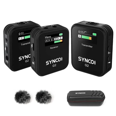 SYNCO G2(A2) 2.4G vezetéknélküli mikrofon szett: 1 vevő, 2 adó, 2 csíptetős mikrofon, 150m hatótáv, TFT kijelző, 3.5mm csatlakozó vloghoz és interjúhoz