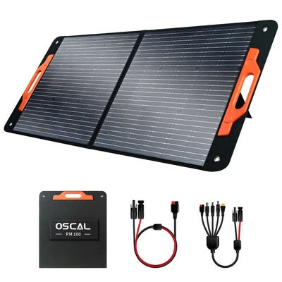 Oscal PM100 összecsukható napelem, 23%-os hatékonyság, monokristályos cellák, IP65, Type-C, QC3.0+USB kimenet, 5 az 1-ben kábel