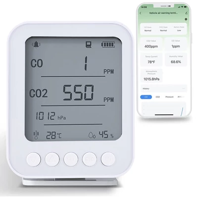 6 az 1-ben levegőminőség-mérő, 5" LCD kijelző, BT, Tuya app, CO2-érzékelő, 128 MB SD kártya, Type-C töltés, valós idejű monitorozás agráriumhoz - Fehér