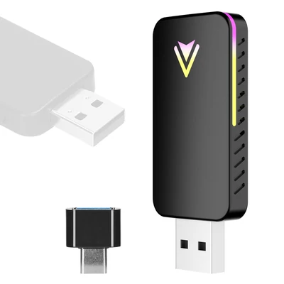 Vezeték nélküli átalakító 2 az 1-ben autós vezetékesről vezeték nélküli modul USB-A/USB-C, hangulatvilágítással