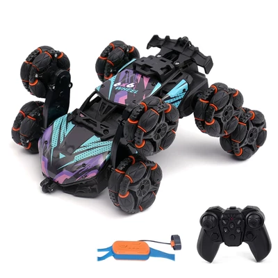 360°-ban forgó permetező kaszkadőr autó 8 kerékkel, világítással, zenével, újratölthető elektromos játék - Lila, 2 akkumulátor