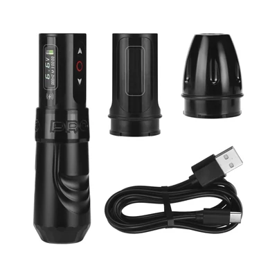Vezeték nélküli OLED kijelzős, állítható, két akkumulátoros, alumínium tetoválógép USB kábellel