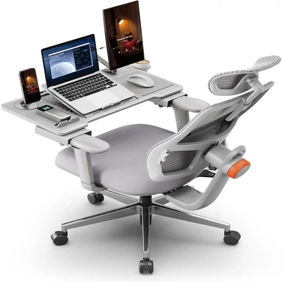 NEWTRAL MAGICH003 ergonomikus irodai szék levehető asztallal, automatikus háttámla, állítható fejtámla, 3D karfa - Szürke