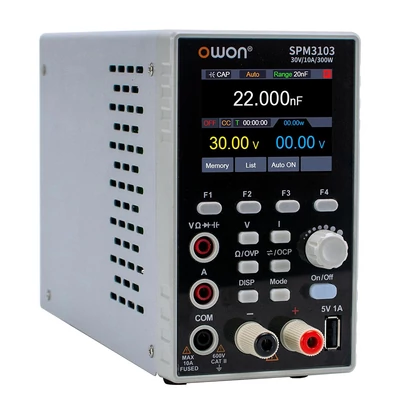 OWON SPM3103 DC tápegység multiméterrel, 30V/10A kimenet, 300W, 10mV/1mA felbontás, 2,8" TFT LCD, 4 1/2 számjegy, SCPI támogatás