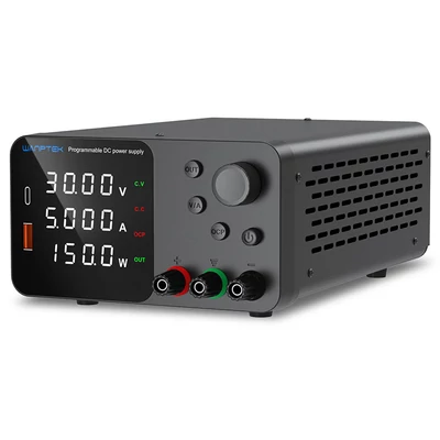 WANPTEK TPS305 állítható DC tápegység, 30V 5A, kódolóval, USB-C gyorstöltés, 4-jegyű kijelző, alacsony zaj, hűtőventilátor - fekete
