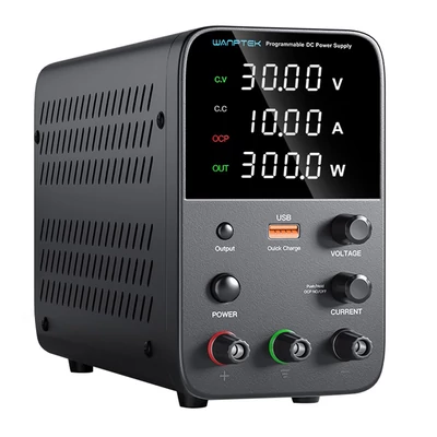 WANPTEK WPS3010 programozható DC tápegység, 30V 10A, USB gyorstöltés, intelligens hőmérséklet-szabályzás, 4-jegyű kijelző, alacsony zajszint - fekete