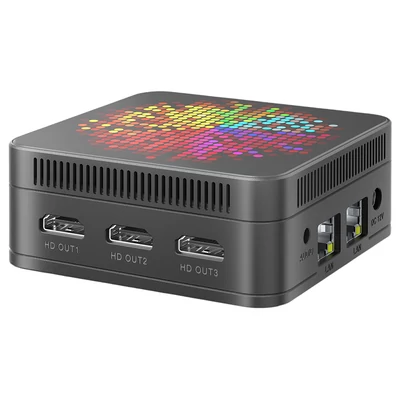 RUPA HSI-95MINI Mini PC, Intel N95 (4 mag, max. 3,4GHz), 8GB RAM, 256GB SSD, 3×HDMI 4K, WiFi 5, Bluetooth 5.0, 3×USB 3.0, 2×RJ45, 3,5mm jack