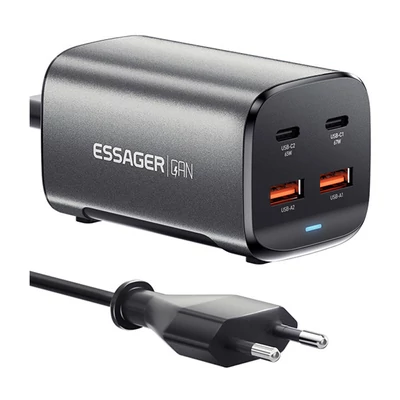 ESSAGER 67W GaN asztali töltő, 2 USB-A + 2 Type-C, PD 3.0 QC 3.0 gyorstöltés, intelligens védelem, MacBook, Samsung, iPhone 15, laptophoz