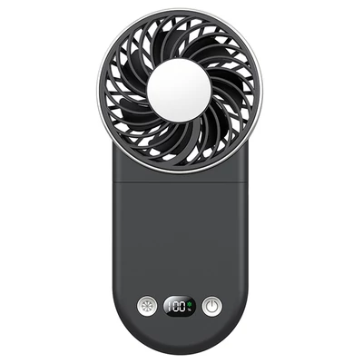 WT20 hordozható kézi ventilátor, 3 sebesség, digitális kijelző, 180°-ban állítható, 2000mAh, USB-s, powerbank, telefontartó – Fekete