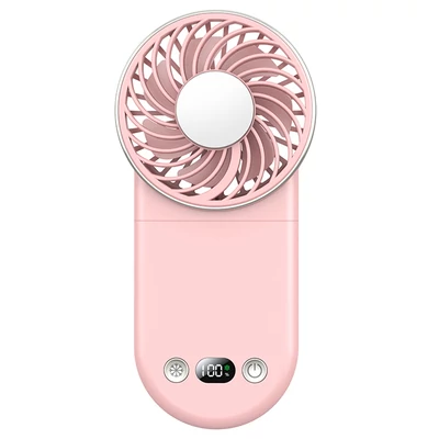 WT20 hordozható kézi ventilátor, 3 sebesség, digitális kijelző, 180°-ban állítható, 2000mAh, USB-s, powerbank, telefontartó – Pink