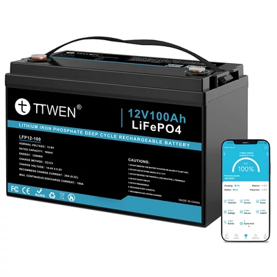 TTWEN 12V 100Ah LiFePO4 akkumulátor, 1280Wh, 4000+ ciklus, Bluetooth 5.0, lakókocsihoz, hajóhoz, kempinghez