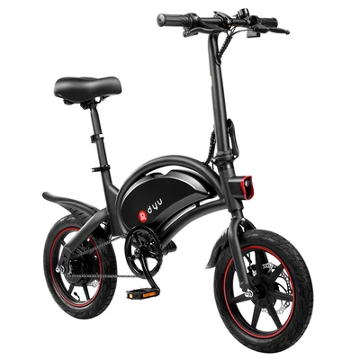 DYU D3F összecsukható elektromos kerékpár, 14" felfújható gumi, 240W, 10Ah, 25km/h, 45km hatótáv, tárcsafék, állítható magasság - fekete