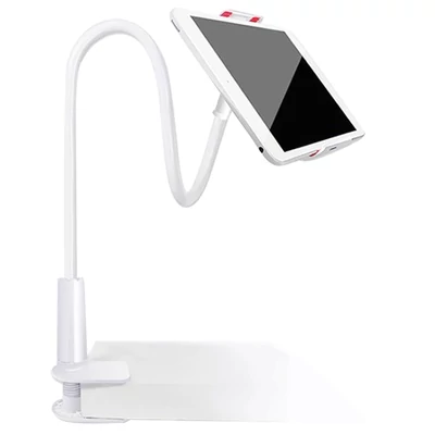 Állítható, 360°-os hattyúnyak telefon/tablet tartó ágyhoz, 80 cm, fehér – rugalmas, csíptetős állvány