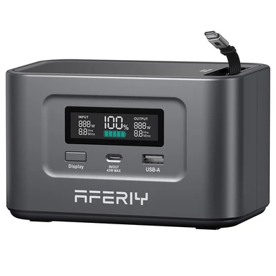 AFERIY Nano100 hordozható áramforrás, 100W 99,2Wh, teleszkópos Type-C kábel, repülőn kézipoggyász, 1,5h teljes töltés, 3000+ ciklus LiFePO4 akku