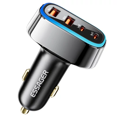 ESSAGER 70W autós töltő, 2 USB-A + 2 Type-C, PD gyorstöltés, színes környezeti fény, 12-24V járművekhez - Fekete