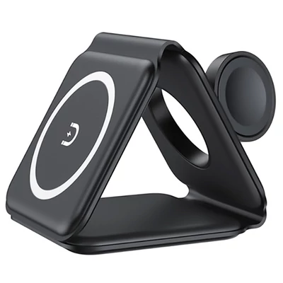 15W hordozható 3 az 1-ben mágneses vezeték nélküli töltő, szilikon, összehajtható állvány iPhone 12/13-hoz - fekete