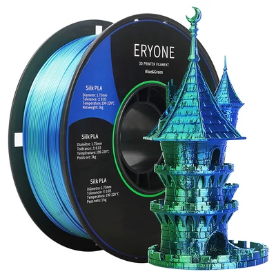 ERYONE Kétszínű Selyem PLA Nyomtatószál 3D Nyomtatókhoz 1,75mm Tűrés +/- 0,03mm 1kg/Tekercs - Kék és Zöld