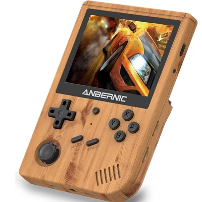 ANBERNIC RG351V 128GB kézi játékkonzol, 3.5" IPS, 20,000 játék, dupla TF kártya, NDS/PS1/N64/PSP/retro támogatás - fa minta