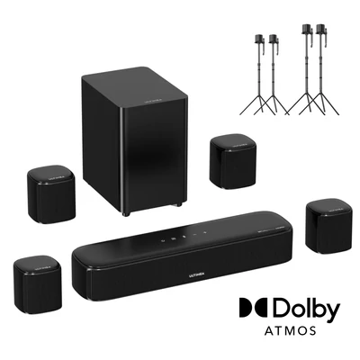 Ultimea Aura A60 7.1 hangprojektor + 2 pár Steady 310 állvány, okosalkalmazás, hangvezérlés, BassMX, 350W, HDMI eARC, 4 surround hangszóró, okostévéhez