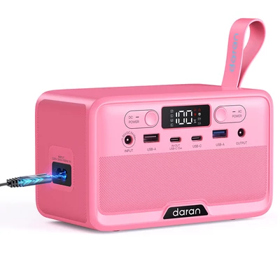 DaranEner YOUYO R100 hordozható energiaközpont 100W, 4 USB, 1 DC, 2 AC csatlakozó, 89,6Wh LiFePO4, LED, kompakt - Pink
