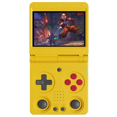 ANBERNIC RG34XXSP Flip játékkonzol, 64GB memória, 3,4" 720x480 IPS kijelző, 30+ emulátor, 6 órás játékidő, 5G WiFi, multimédia appok – Sárga