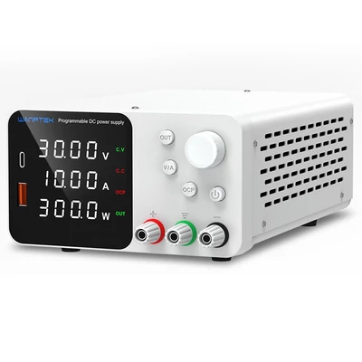 WANPTEK TPS3010 állítható DC tápegység, 30V 10A, USB-C gyors töltés, 4-jegyű kijelző, alacsony zaj - fehér