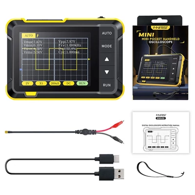 FNIRSI DSO152 mini hordozható digitális oszcilloszkóp, 2,5MSa/s mintavétel, 200kHz sávszélesség - Sárga, P6100 nagyfeszültségű szonda nélkül