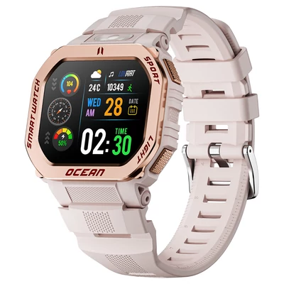 LOKMAT OCEAN GT okosóra, 1.75" kijelző, zseblámpa, iránytű, hangasszisztens, Bluetooth hívás, 3ATM vízálló, egészségmérés, 100+ sportmód – Arany
