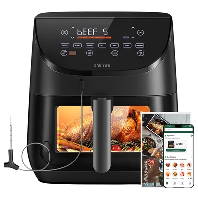 CHEFREE AF500 1700W 6,5L Forrólevegős sütő okos hőmérővel, 8 az 1-ben programmal, gyors 230℃ felfűtéssel, rázási emlékeztetővel