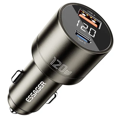 ESSAGER 120W autós töltő, USB-A+Type-C, digitális kijelző, intelligens chip, rugós kialakítás
