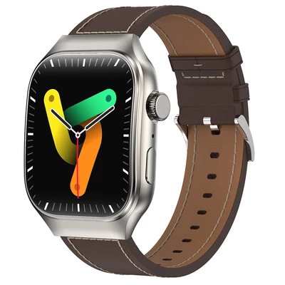 T15 Plus okosóra, 2.01” ívelt érintőkijelző, Bluetooth-hívás, egészségfigyelés, hangvezérlés, 100+ sportmód - ezüst keret, bőrszíj