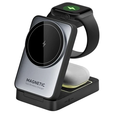 W91 15W 3 az 1-ben összecsukható MagSafe vezeték nélküli töltő iPhone 16/15/14/13/12, Apple Watch, AirPods készülékekhez