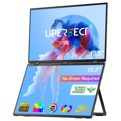 UPERFECT Delta Max 18,5" hordozható dupla kijelző, Full HD IPS, 100Hz, 100% sRGB, hangszóró, 360° állvány, laptop/PC/konzol bővítő