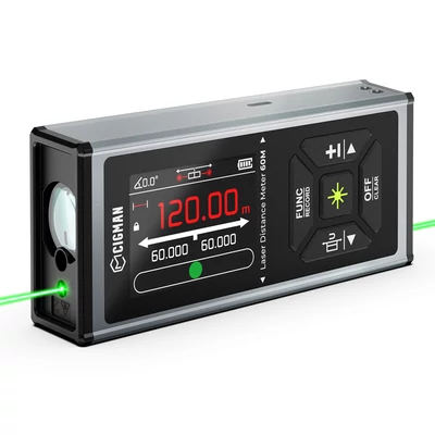 CIGMAN CD-60G kétoldalas zöld lézeres távolságmérő 120m-ig, több mértékegységgel, újratölthető 850mAh akkumulátorral