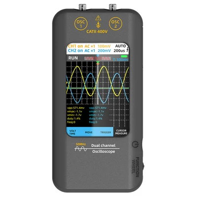 BSIDE O2 kétcsatornás oszcilloszkóp, 50 MHz sávszélesség, 250 MSa/s mintavétel, 3,98" TFT LCD, 7 jelhullámforma